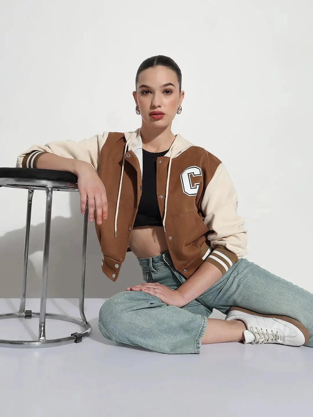 Light Brown Hooded Contrast Sleeve Varsity Jacket for Women | Premium Letterman Jacket