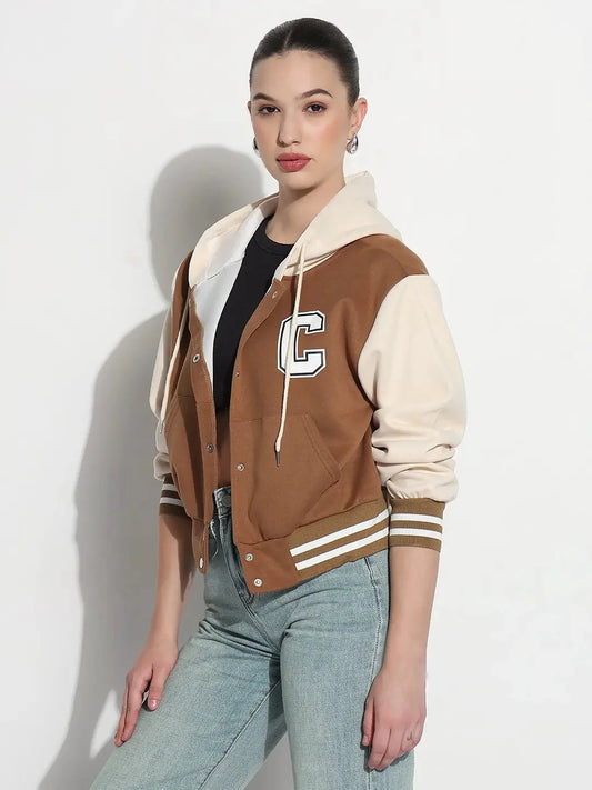 Light Brown Hooded Contrast Sleeve Varsity Jacket for Women | Premium Letterman Jacket