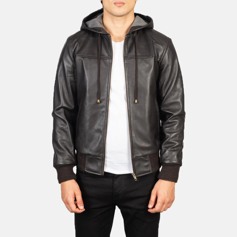Nintenzo Brown Hooded Leather Bomber Jacket for Men | Premium Genuine Leather Jacket