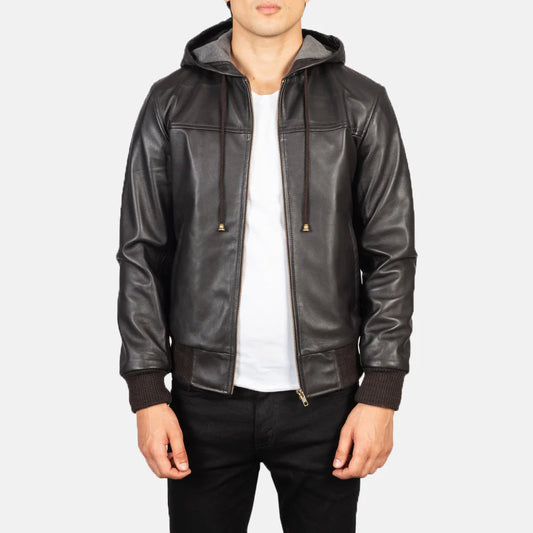 Nintenzo Brown Hooded Leather Bomber Jacket for Men | Premium Genuine Leather Jacket