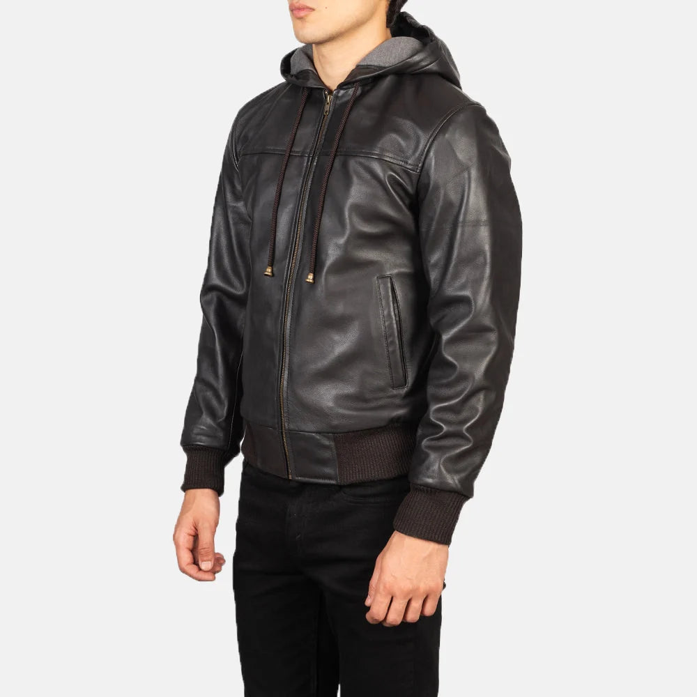 Nintenzo Brown Hooded Leather Bomber Jacket for Men | Premium Genuine Leather Jacket