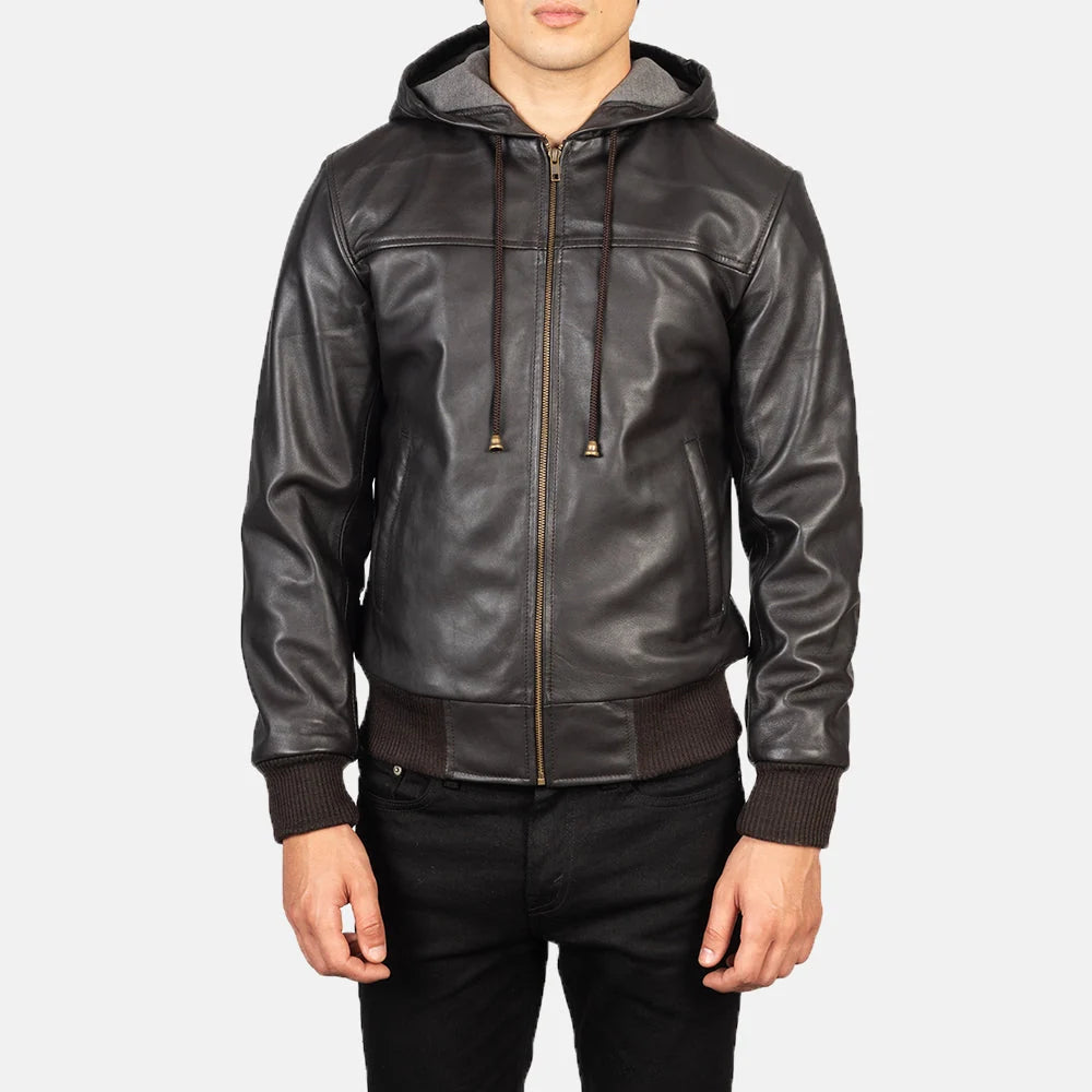 Nintenzo Brown Hooded Leather Bomber Jacket for Men | Premium Genuine Leather Jacket