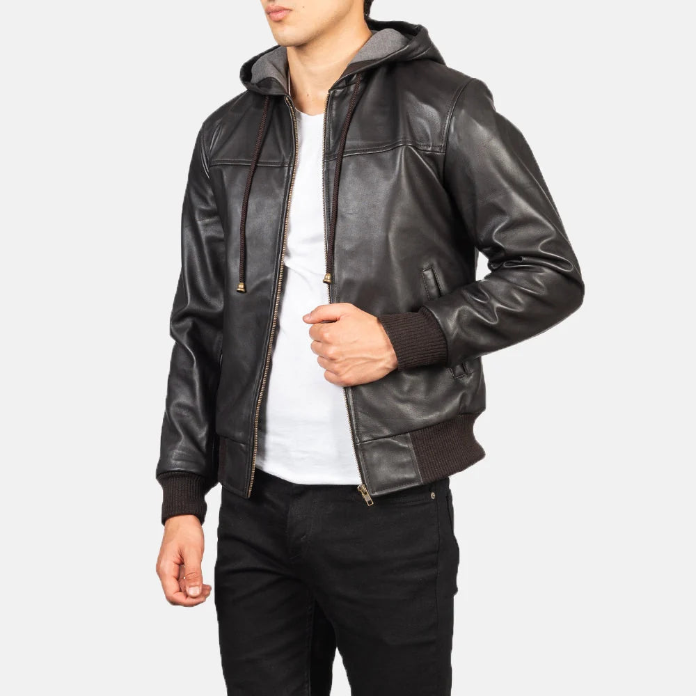 Nintenzo Brown Hooded Leather Bomber Jacket for Men | Premium Genuine Leather Jacket
