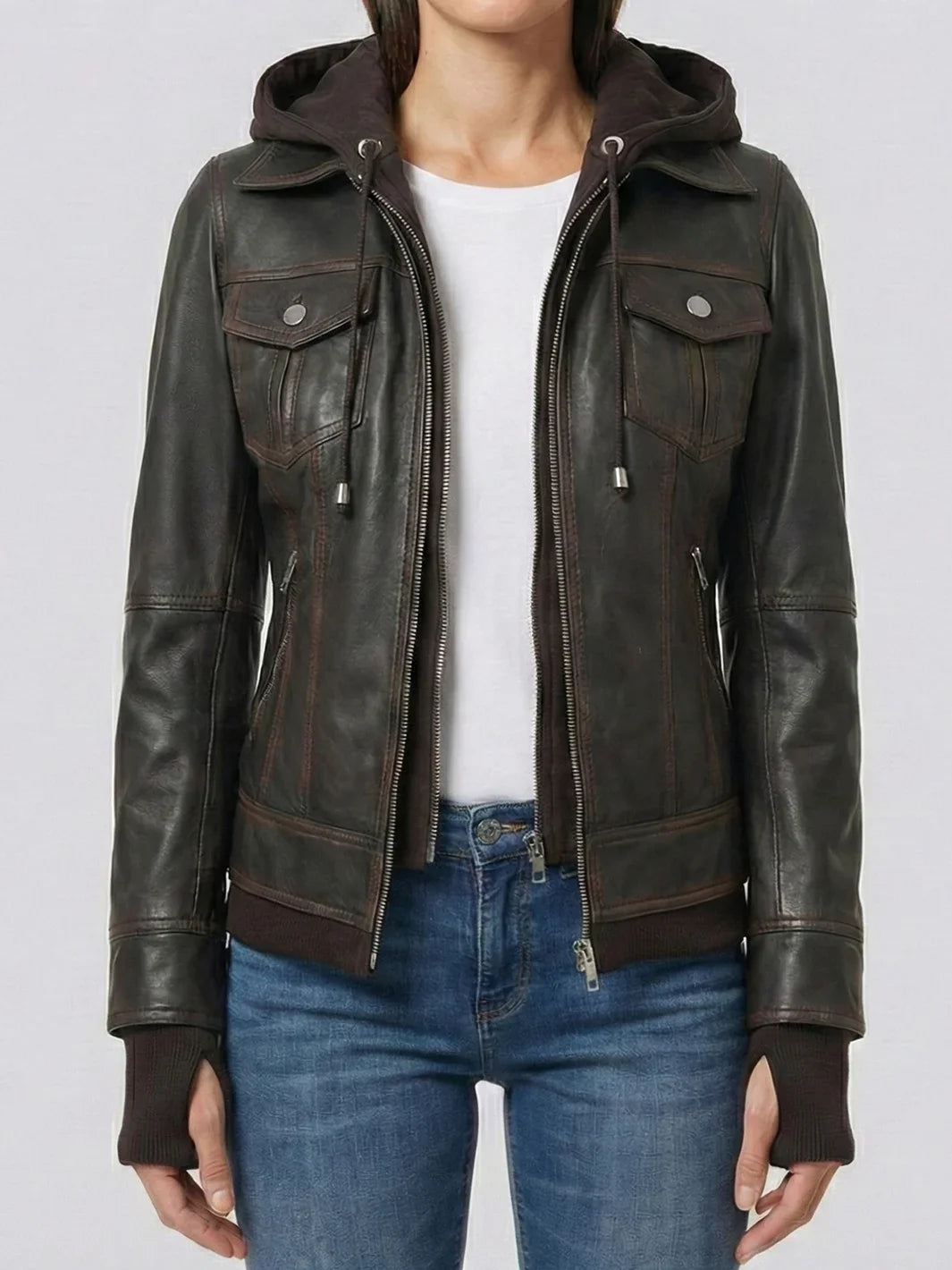 Women's Dark Brown Bomber Leather Jacket with Removable Hood | Premium Genuine Leather Jacket