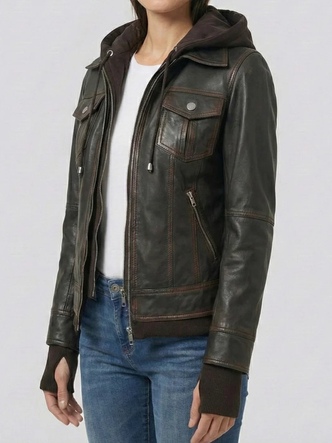 Women's Dark Brown Bomber Leather Jacket with Removable Hood | Premium Genuine Leather Jacket