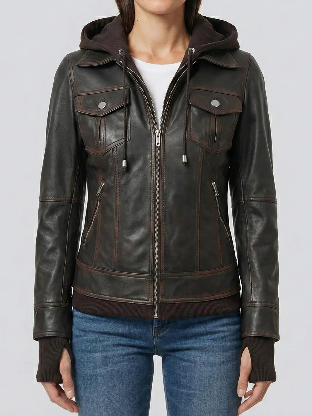 Women's Dark Brown Bomber Leather Jacket with Removable Hood | Premium Genuine Leather Jacket