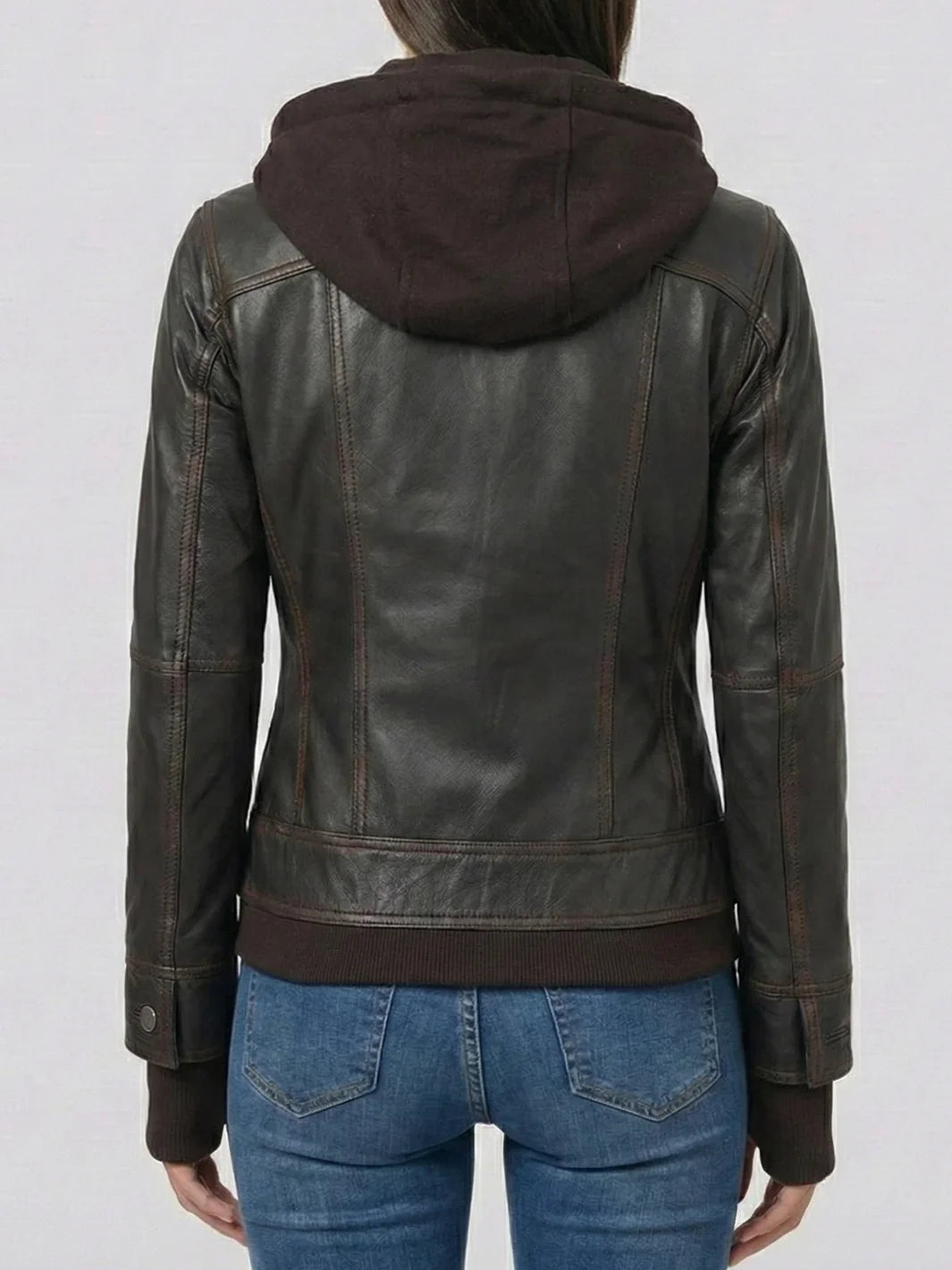 Women's Dark Brown Bomber Leather Jacket with Removable Hood | Premium Genuine Leather Jacket