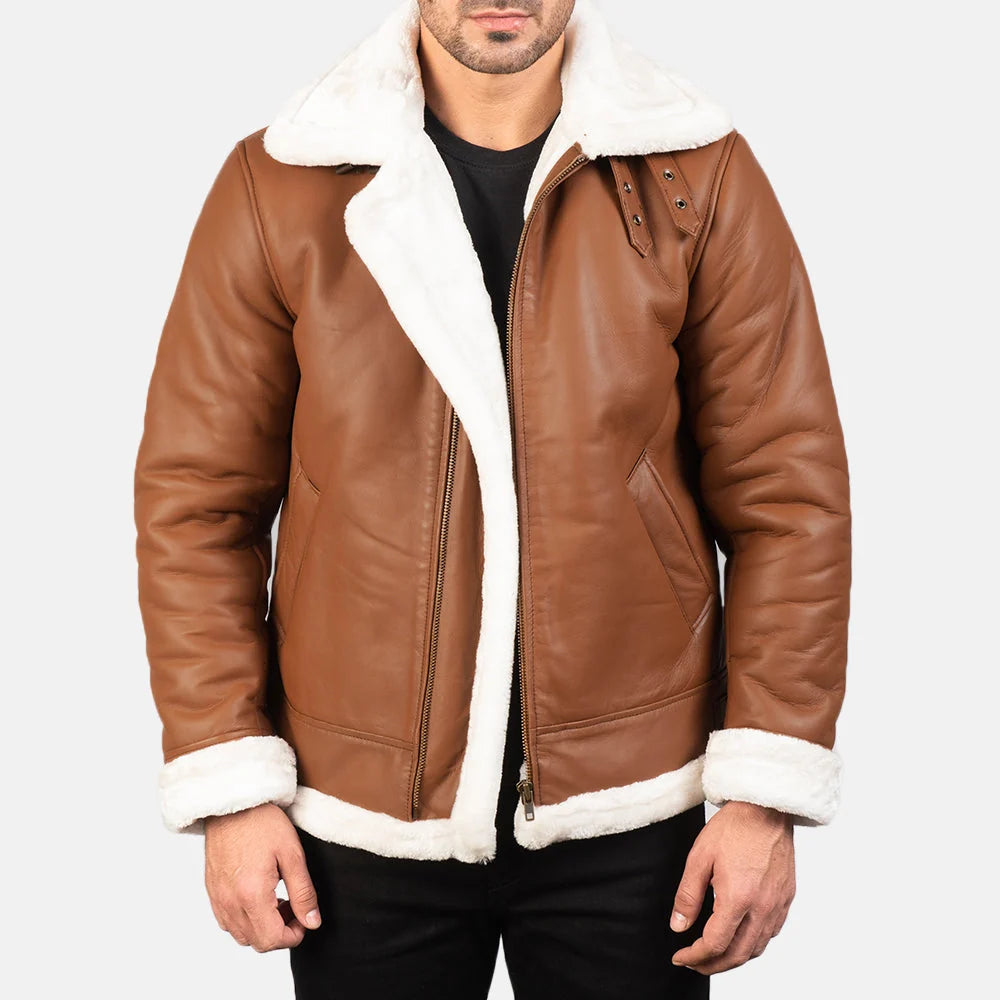 Francis B-3 Brown Leather Bomber Jacket for Men | Premium Genuine Shearling Aviator Jacket
