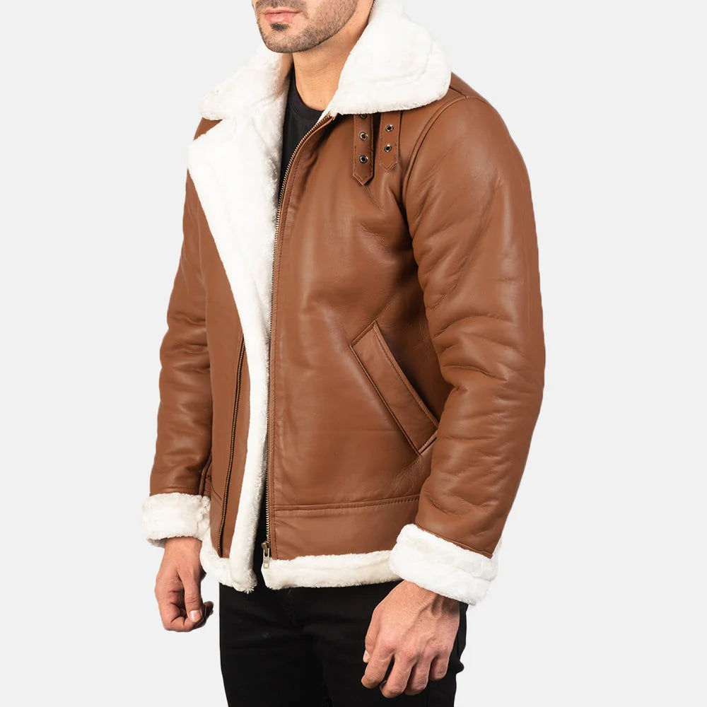 Francis B-3 Brown Leather Bomber Jacket for Men | Premium Genuine Shearling Aviator Jacket