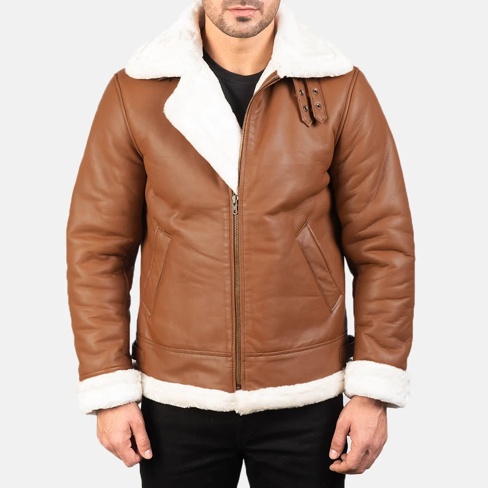 Francis B-3 Brown Leather Bomber Jacket for Men | Premium Genuine Shearling Aviator Jacket