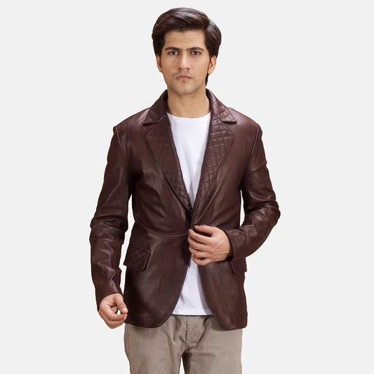 Radaron Quilted Maroon Leather Blazer for Men | Premium Genuine Leather Blazer