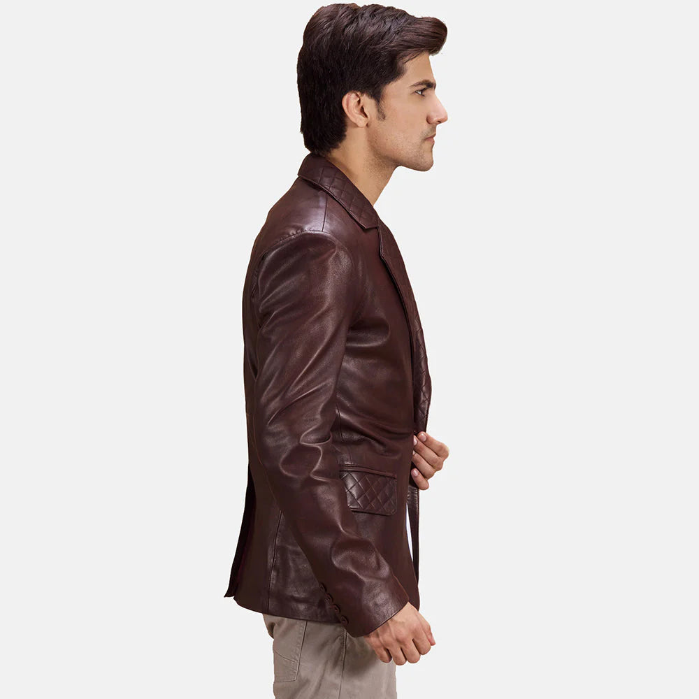 Radaron Quilted Maroon Leather Blazer for Men | Premium Genuine Leather Blazer
