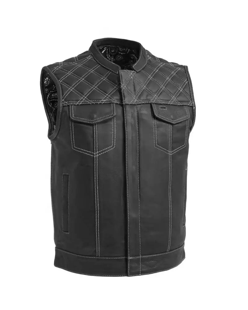 Downside White & Black Leather Vest | Premium Genuine Leather Biker Vest