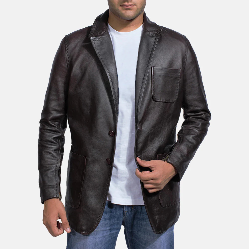 Wine Black Leather Blazer for Men | Premium Genuine Leather Blazer