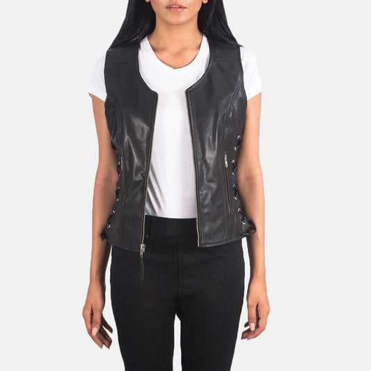 Vanda Black Leather Biker Vest for Women | Premium Genuine Leather Moto Vest