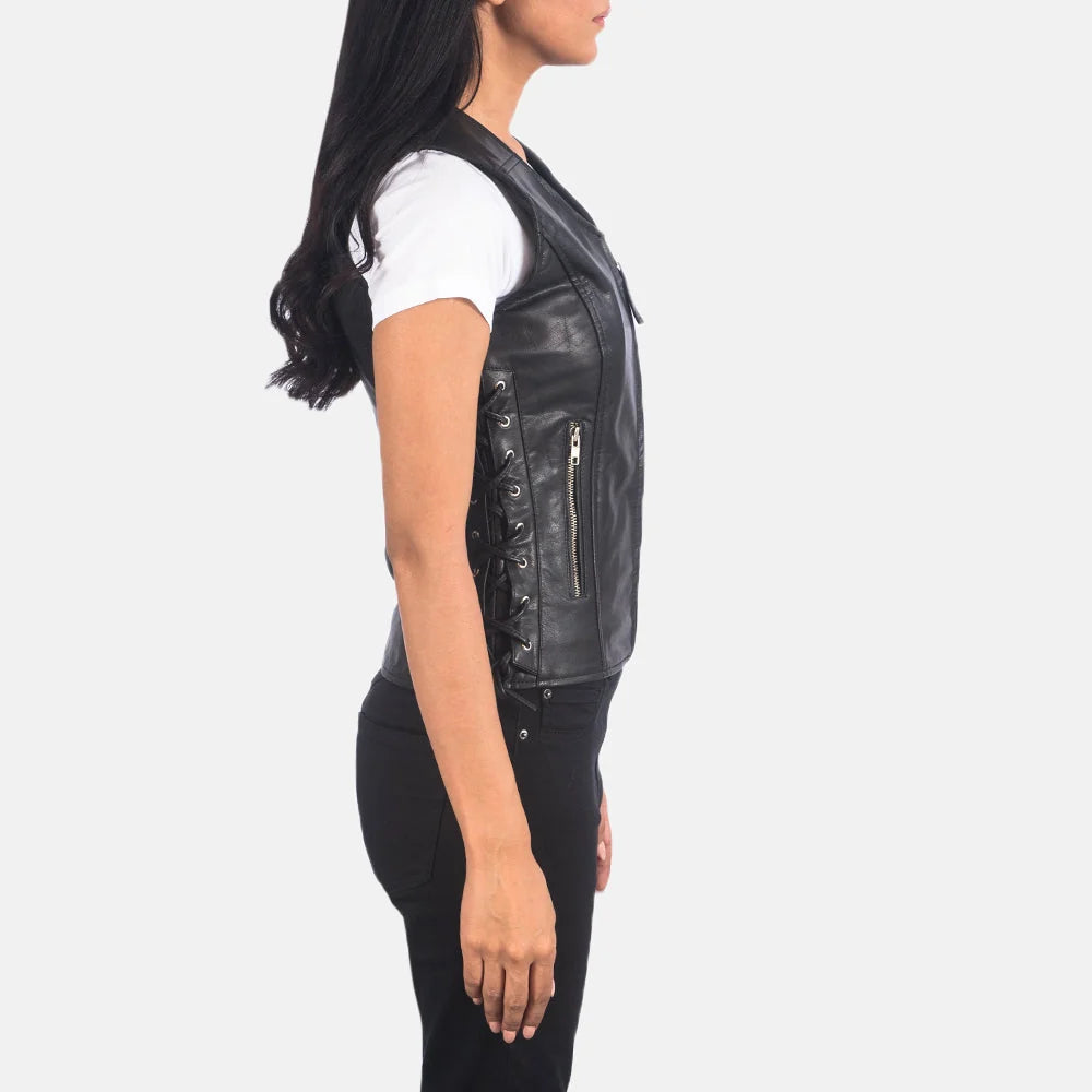 Vanda Black Leather Biker Vest for Women | Premium Genuine Leather Moto Vest