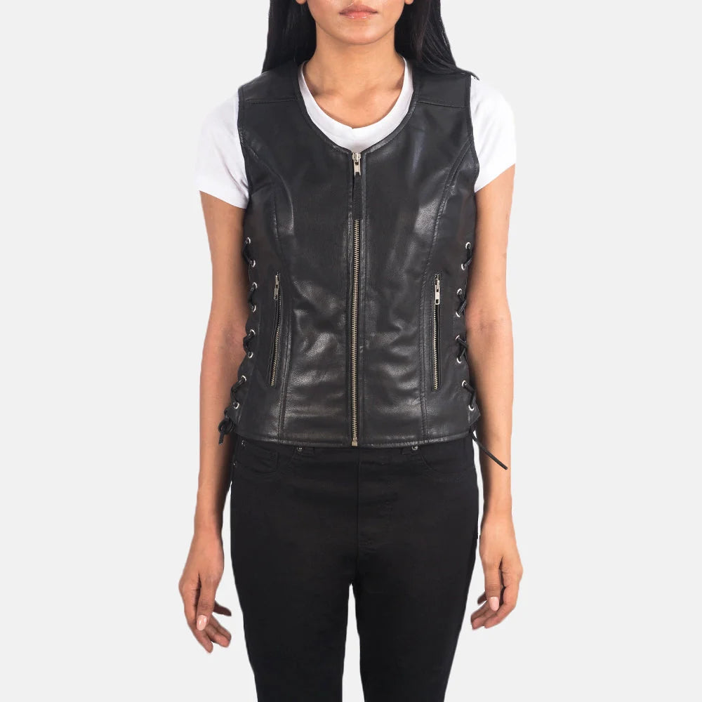 Vanda Black Leather Biker Vest for Women | Premium Genuine Leather Moto Vest