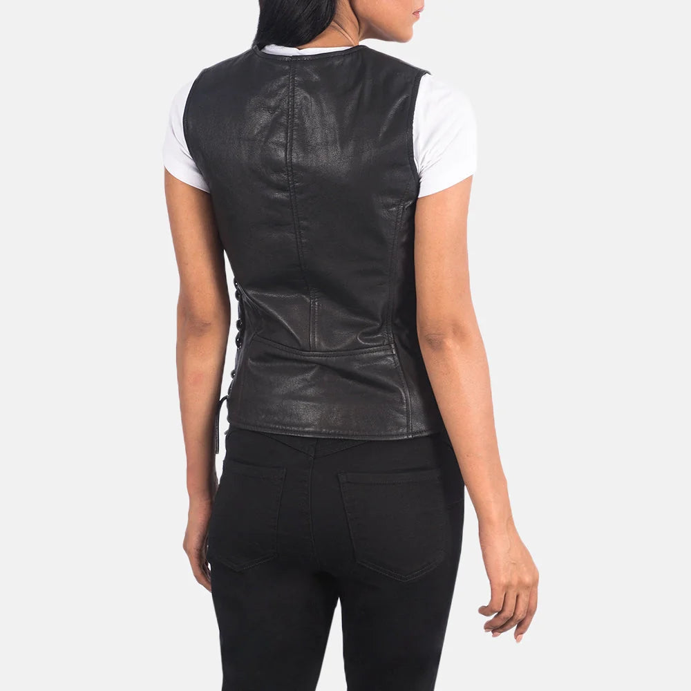Vanda Black Leather Biker Vest for Women | Premium Genuine Leather Moto Vest