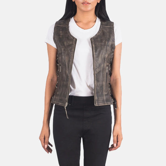 Vanda Grey Leather Biker Vest for Women | Premium Genuine Leather Moto Vest