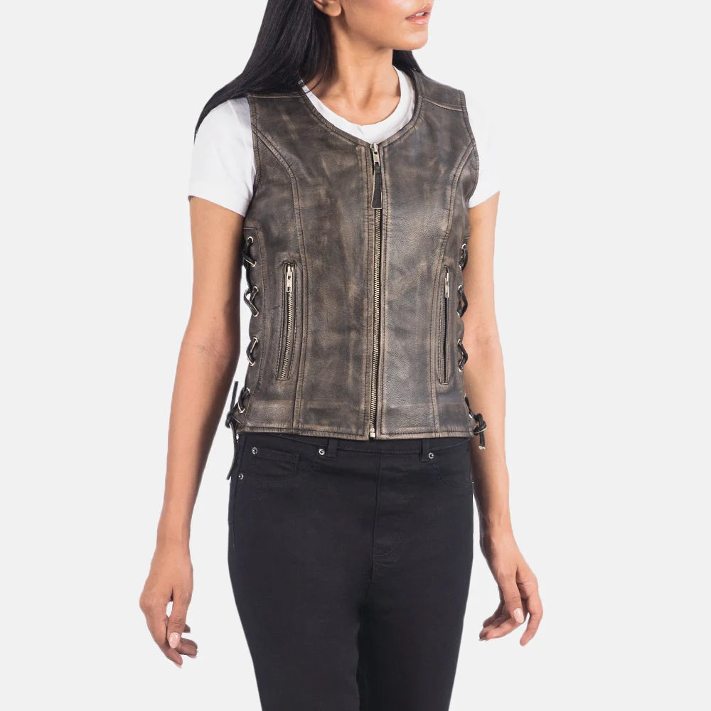 Vanda Grey Leather Biker Vest for Women | Premium Genuine Leather Moto Vest