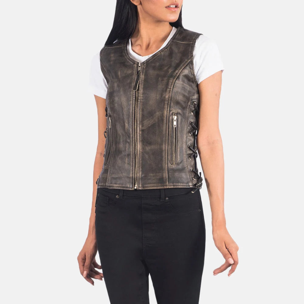 Vanda Grey Leather Biker Vest for Women | Premium Genuine Leather Moto Vest