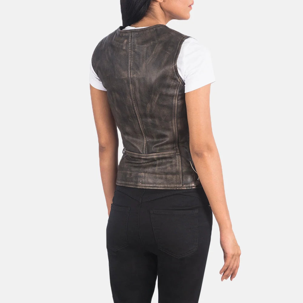 Vanda Grey Leather Biker Vest for Women | Premium Genuine Leather Moto Vest