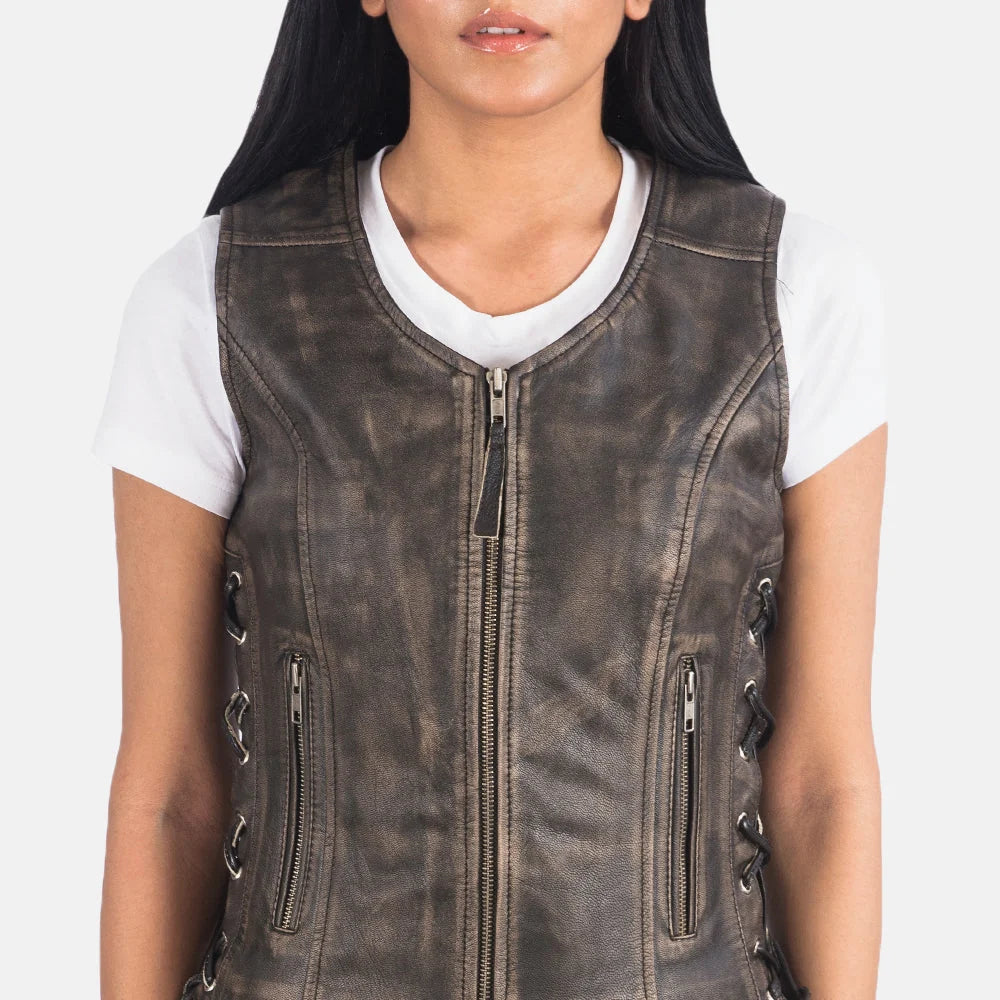 Vanda Grey Leather Biker Vest for Women | Premium Genuine Leather Moto Vest