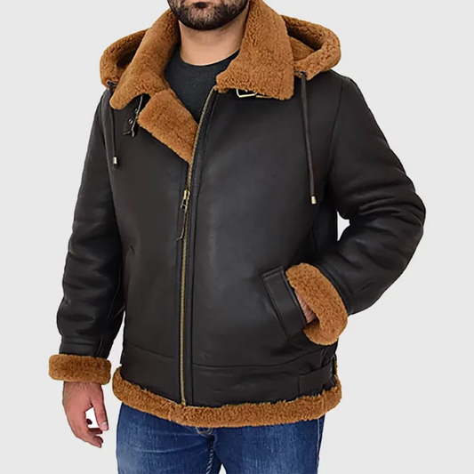 Victor Men's Black Hooded B-3 Bomber Leather Jacket | Premium Genuine Shearling Aviator Jacket
