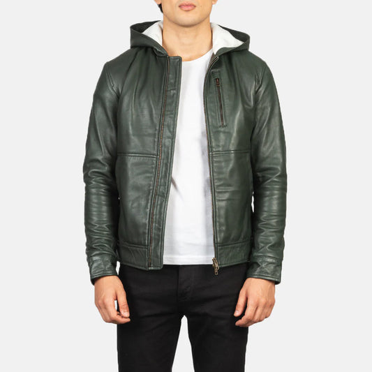 Baston Green Hooded Leather Bomber Jacket for Men | Premium Genuine Leather Jacket