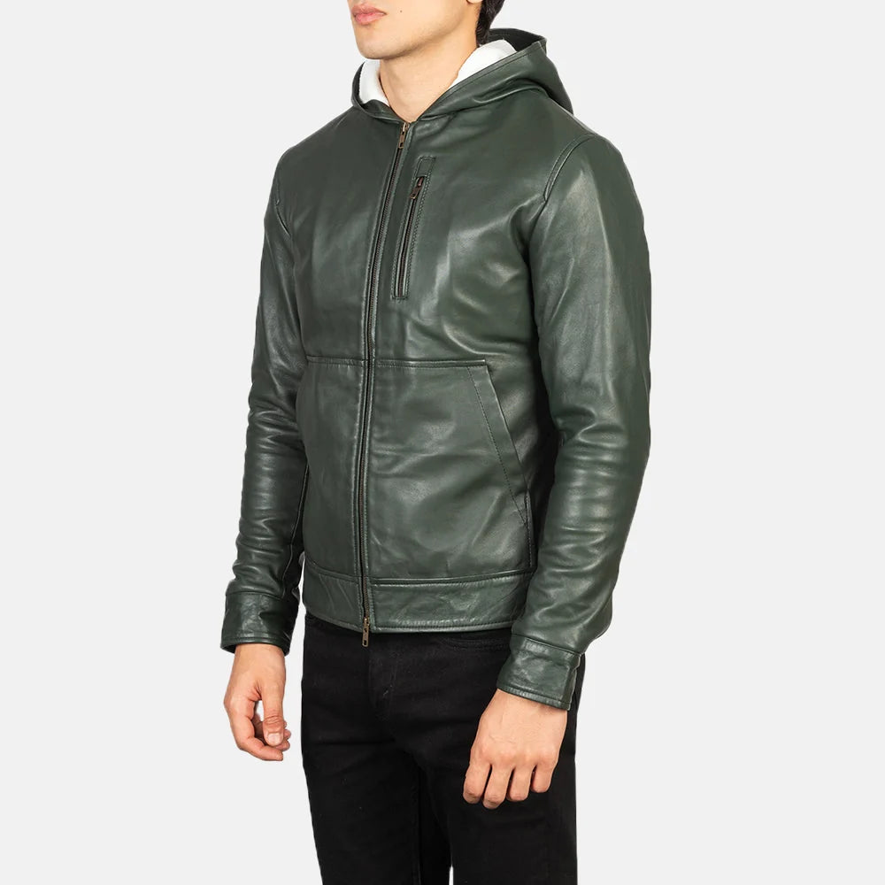 Baston Green Hooded Leather Bomber Jacket for Men | Premium Genuine Leather Jacket