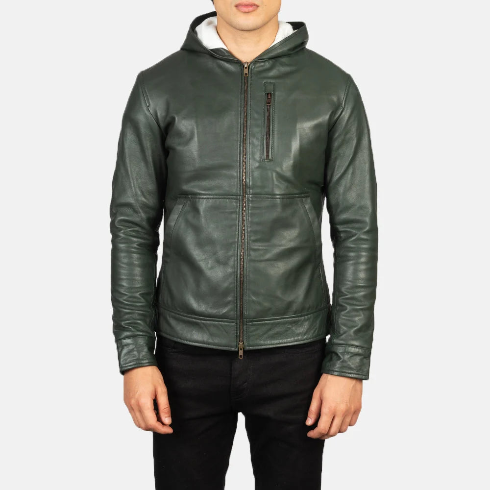 Baston Green Hooded Leather Bomber Jacket for Men | Premium Genuine Leather Jacket