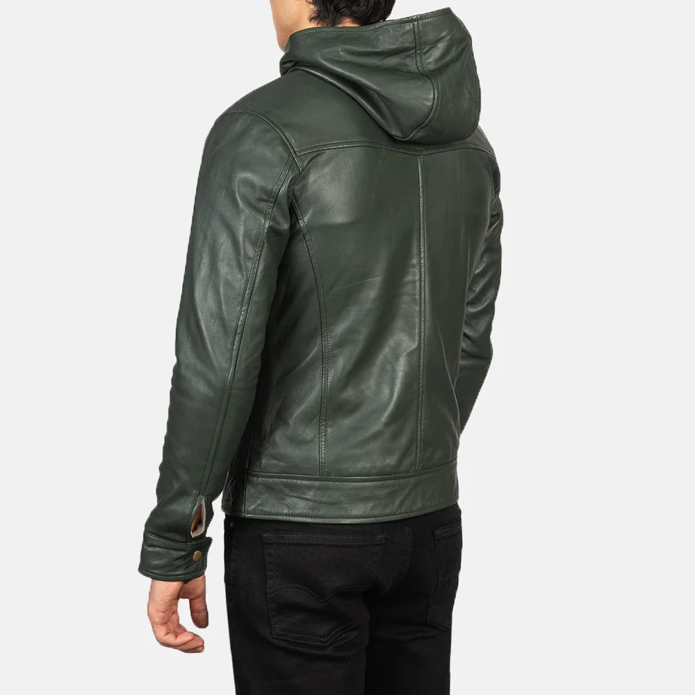 Baston Green Hooded Leather Bomber Jacket for Men | Premium Genuine Leather Jacket