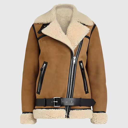 Vickie Women's Brown B-3 Shearling Suede Bomber Jacket | Premium Winter Coat