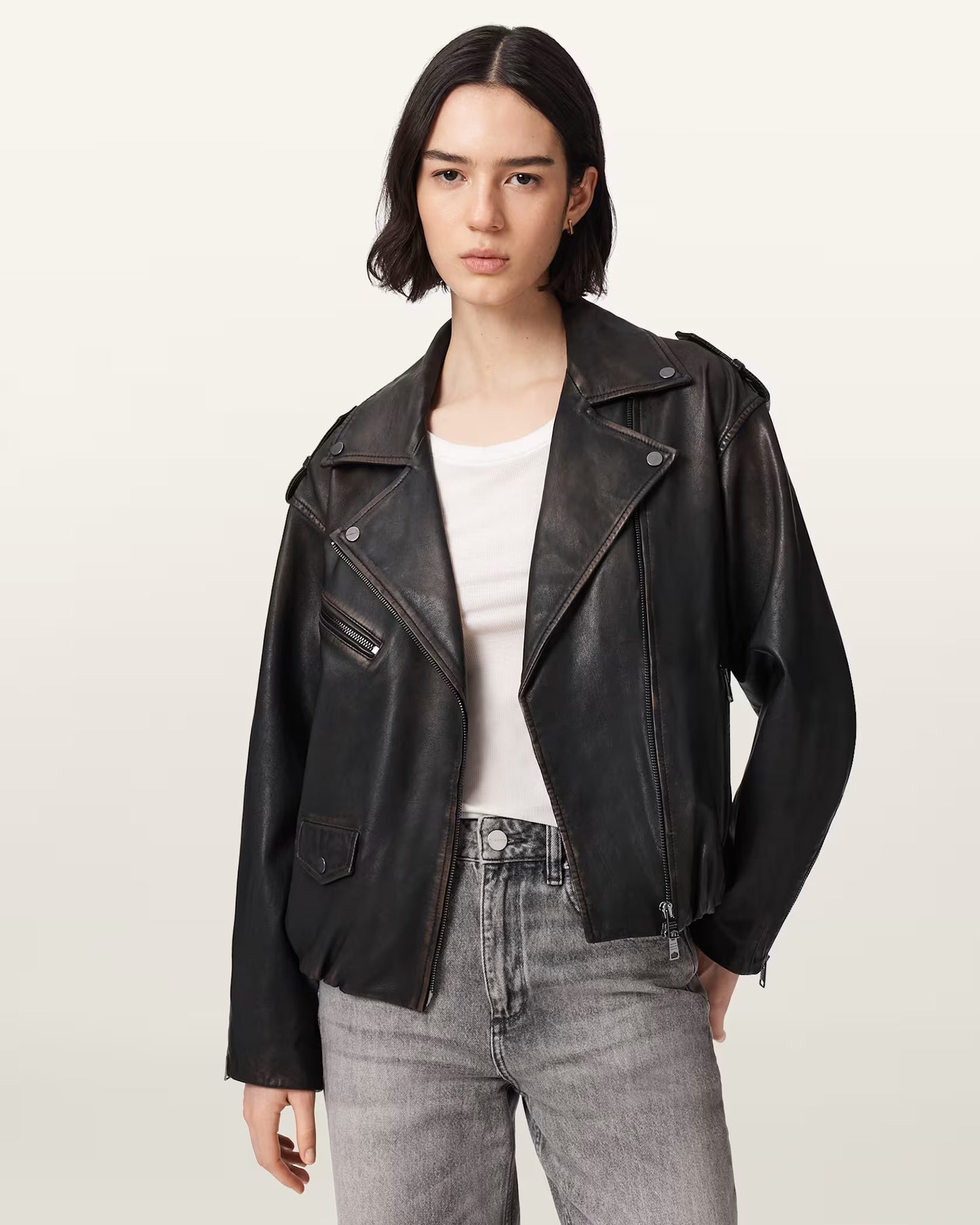 Women's Samina Relaxed Fit Genuine Leather Biker Jacket | Classic Moto Leather Jacket