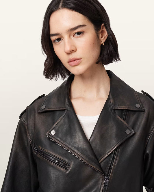 Women's Samina Relaxed Fit Genuine Leather Biker Jacket | Classic Moto Leather Jacket