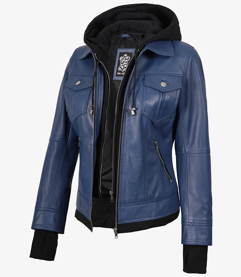 Women's Blue Lambskin Bomber Jacket with Removable Hood | Premium Leather Jacket