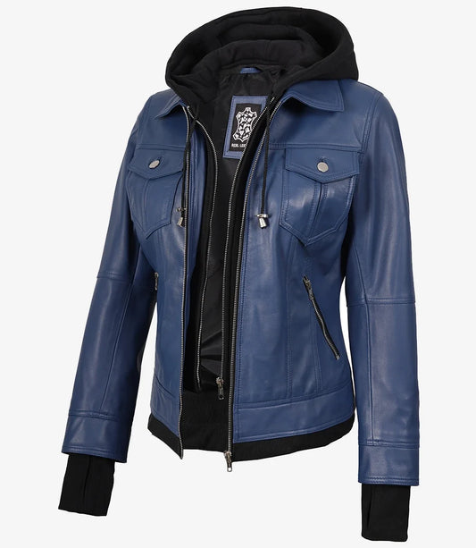 Women's Blue Lambskin Bomber Jacket with Removable Hood | Premium Leather Jacket