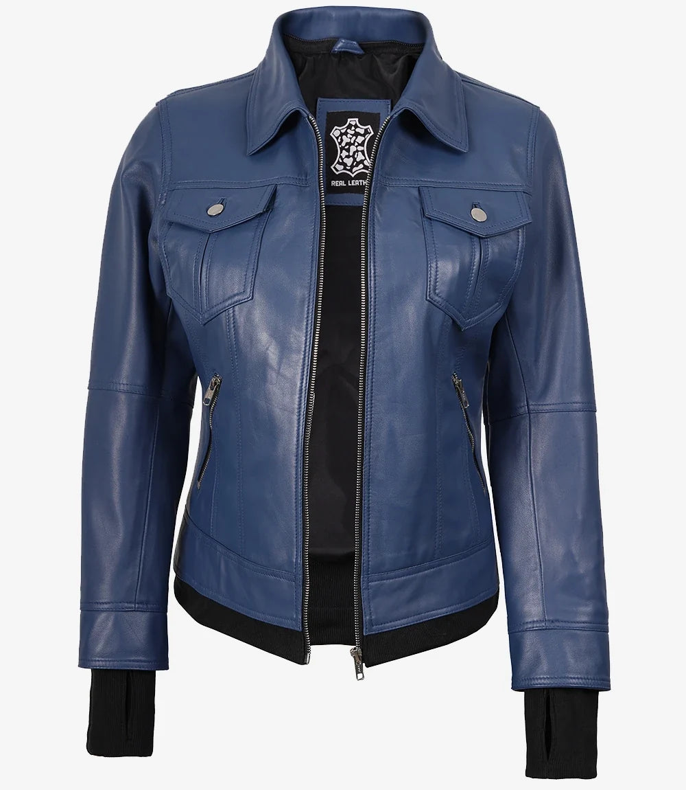 Women's Blue Lambskin Bomber Jacket with Removable Hood | Premium Leather Jacket