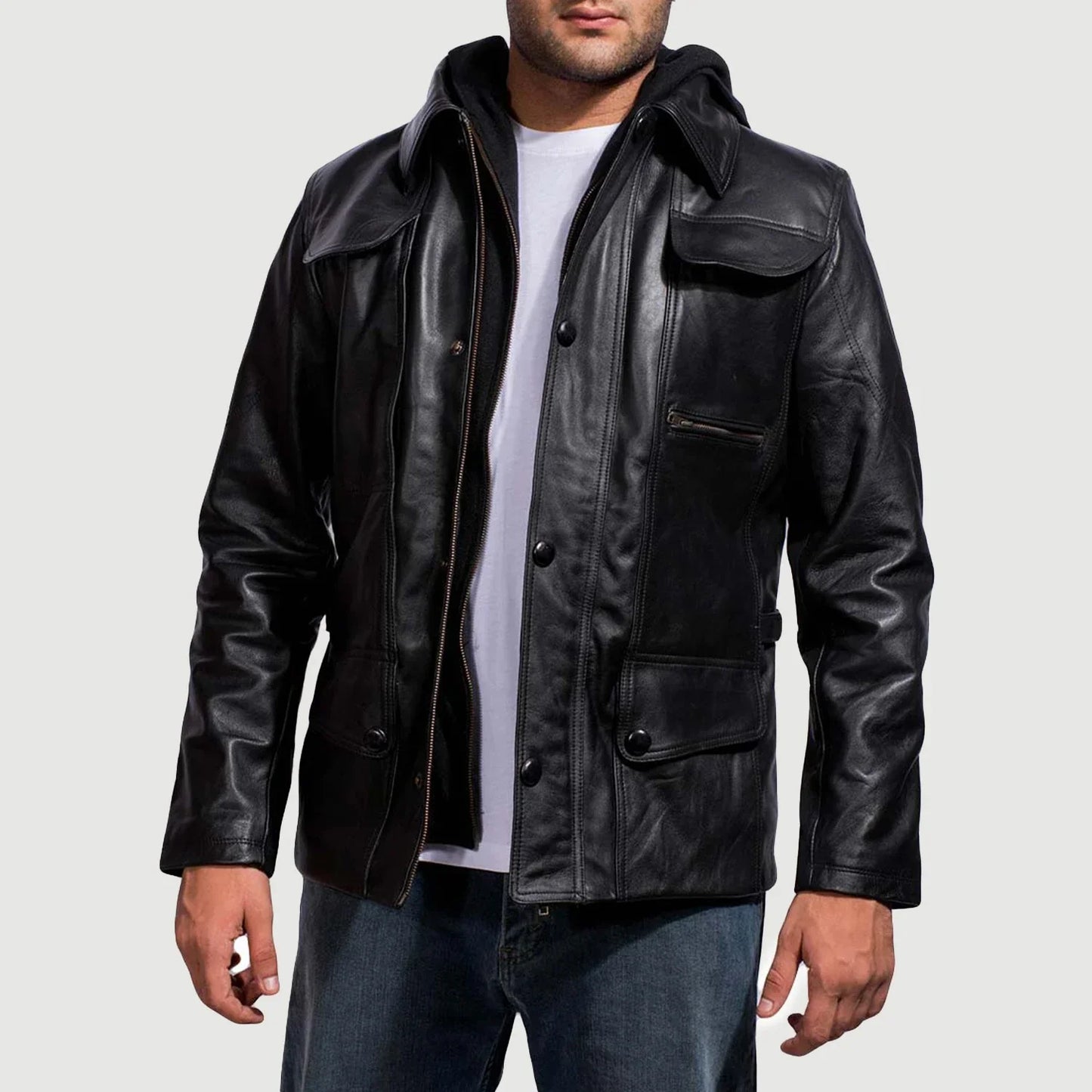 Moulder Hooded Black Leather Jacket for Men | Premium Genuine Leather Hooded Jacket