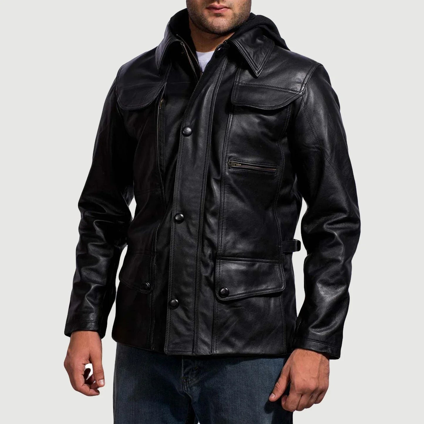 Moulder Hooded Black Leather Jacket for Men | Premium Genuine Leather Hooded Jacket