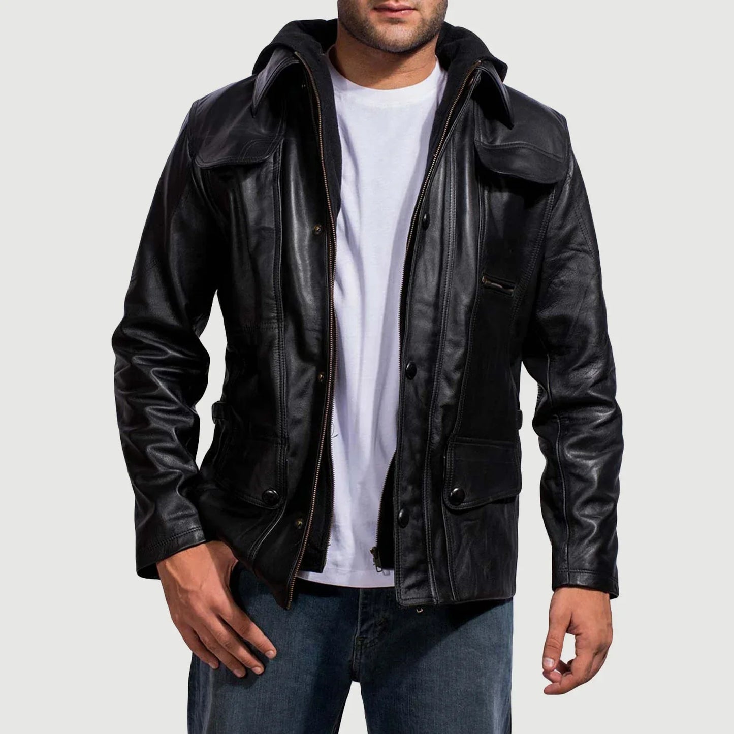 Moulder Hooded Black Leather Jacket for Men | Premium Genuine Leather Hooded Jacket