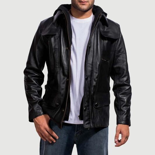 Moulder Hooded Black Leather Jacket for Men | Premium Genuine Leather Hooded Jacket