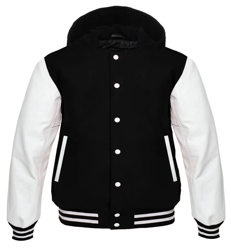 Black Hooded Varsity Letterman Baseball Jacket with White Genuine Leather Sleeves for Men | Premium Wool Blend (Copy) (Copy)