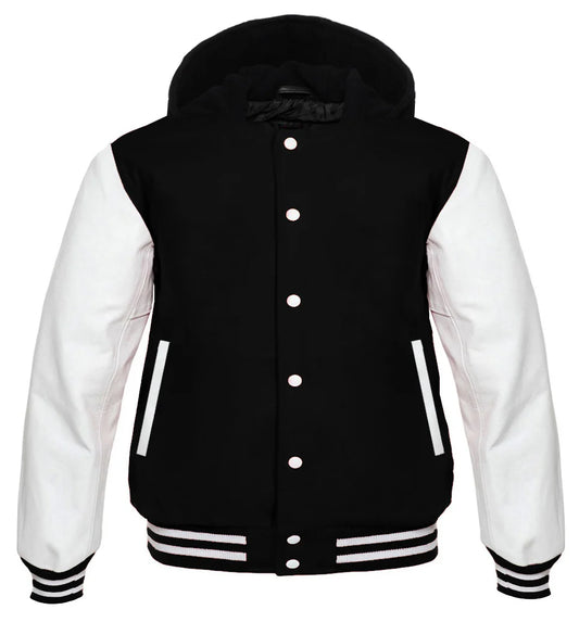 Black Hooded Varsity Letterman Baseball Jacket with White Genuine Leather Sleeves for Men | Premium Wool Blend