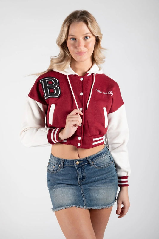 Wine Hooded Contrast Sleeve Letter A Varsity Jacket for Women | Premium Letterman Jacket