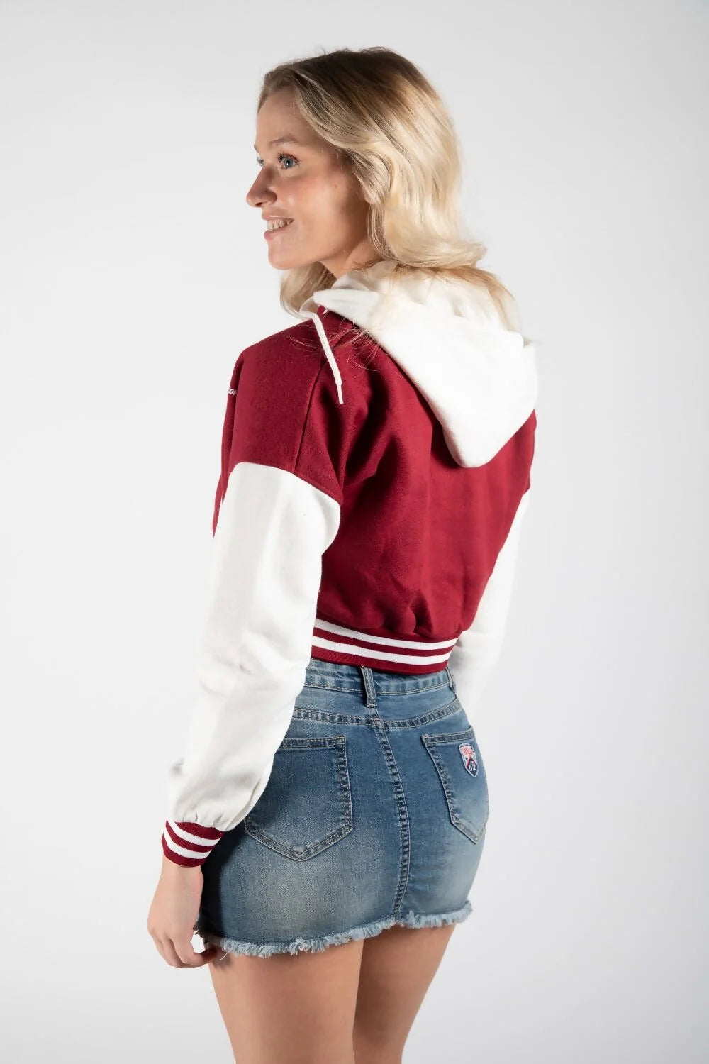 Wine Hooded Contrast Sleeve Letter A Varsity Jacket for Women | Premium Letterman Jacket