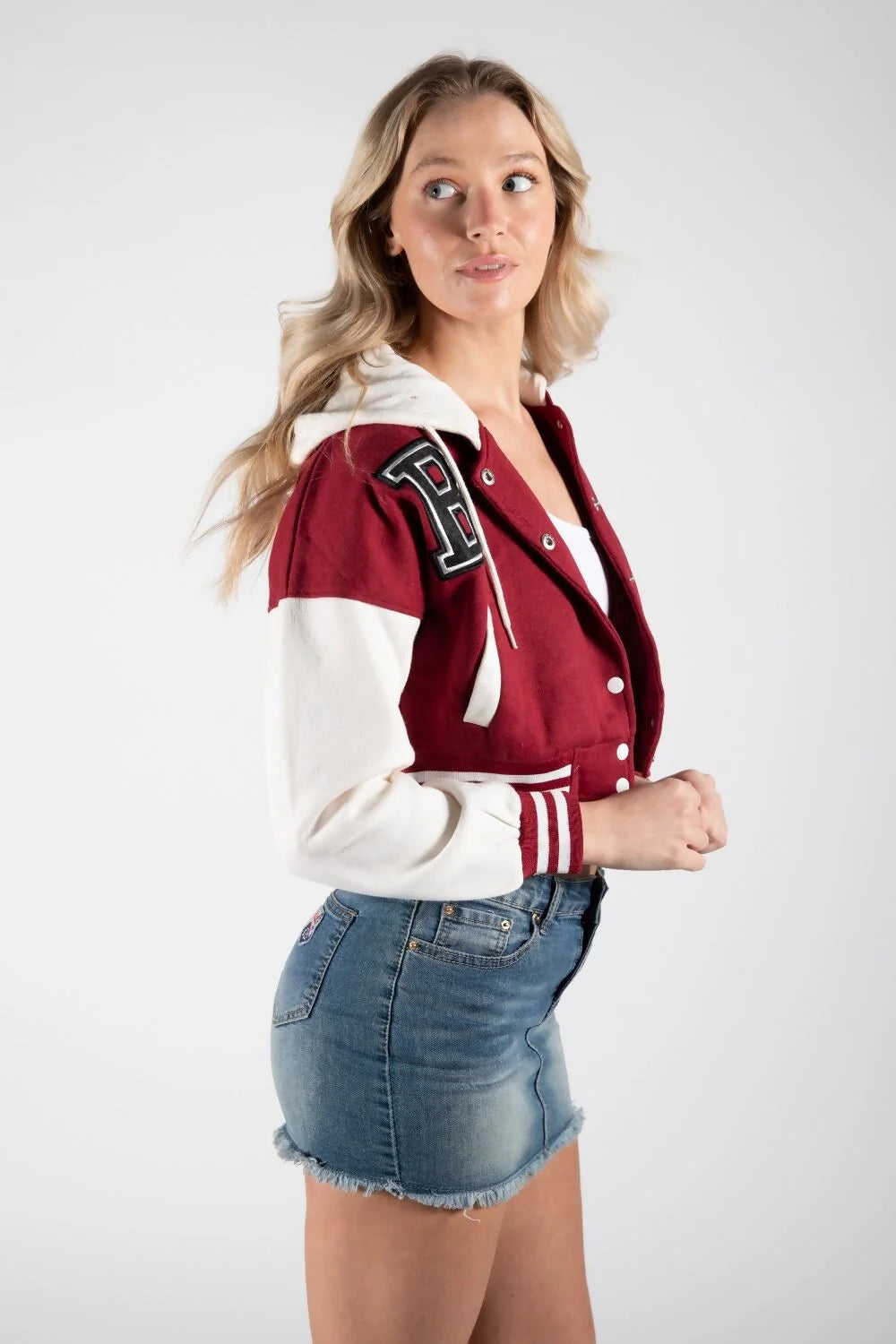 Wine Hooded Contrast Sleeve Letter A Varsity Jacket for Women | Premium Letterman Jacket
