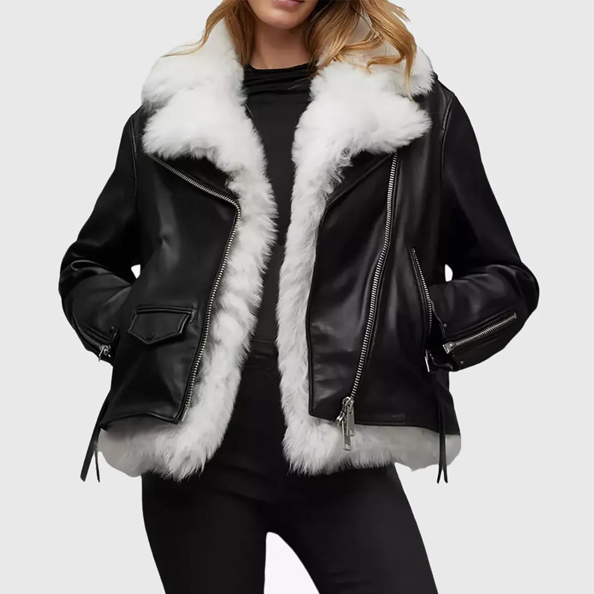 Women's Black Shearling Bomber Leather Jacket | Premium Winter Leather Coat