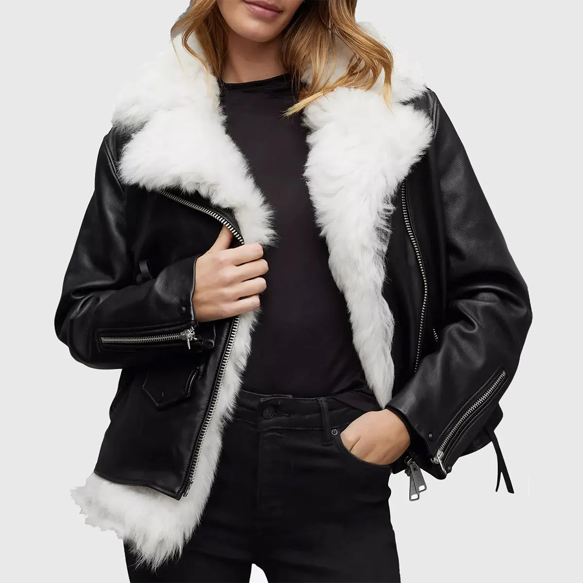 Women's Black Shearling Bomber Leather Jacket | Premium Winter Leather Coat