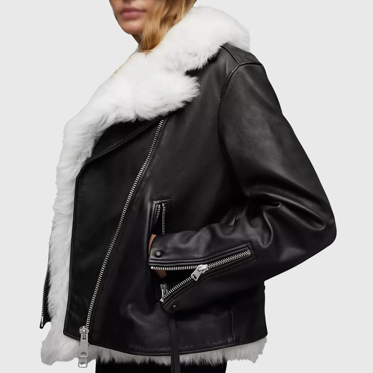 Women's Black Shearling Bomber Leather Jacket | Premium Winter Leather Coat